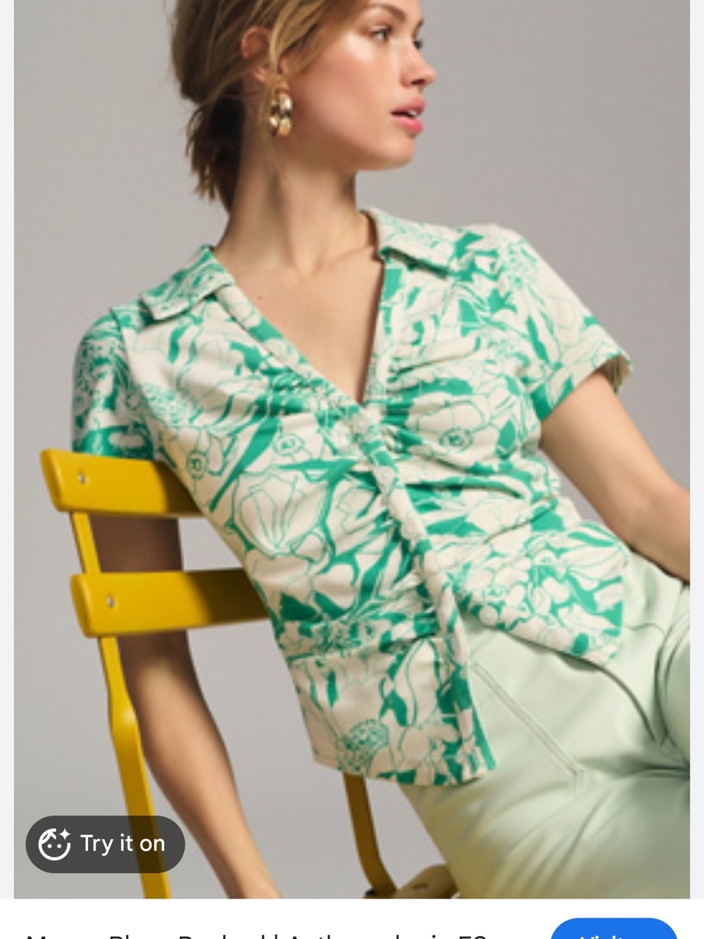 Anthropologist Maeve Ruched Mint Green Floral Short Sleeve V-Neck Blouse